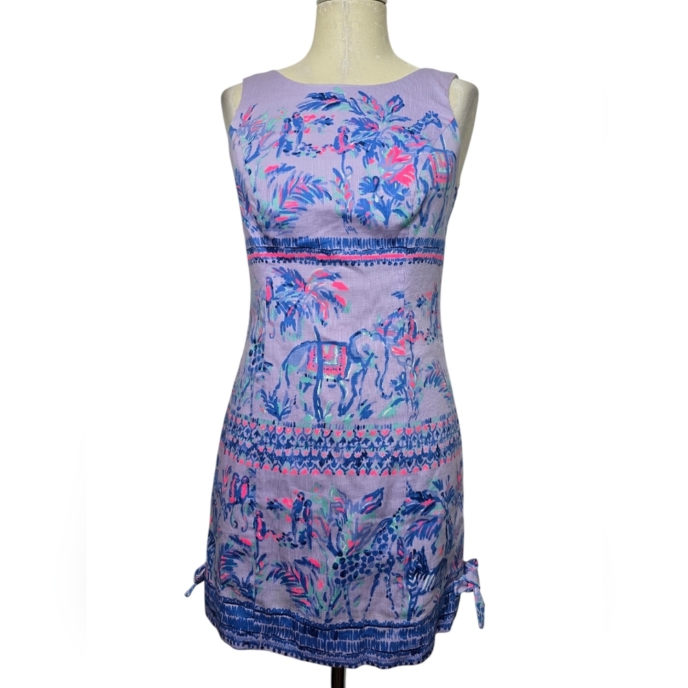 Lilly Pulitzer Mila Shift Fruity Monkey Engineered Animal Print Purple Dress 0